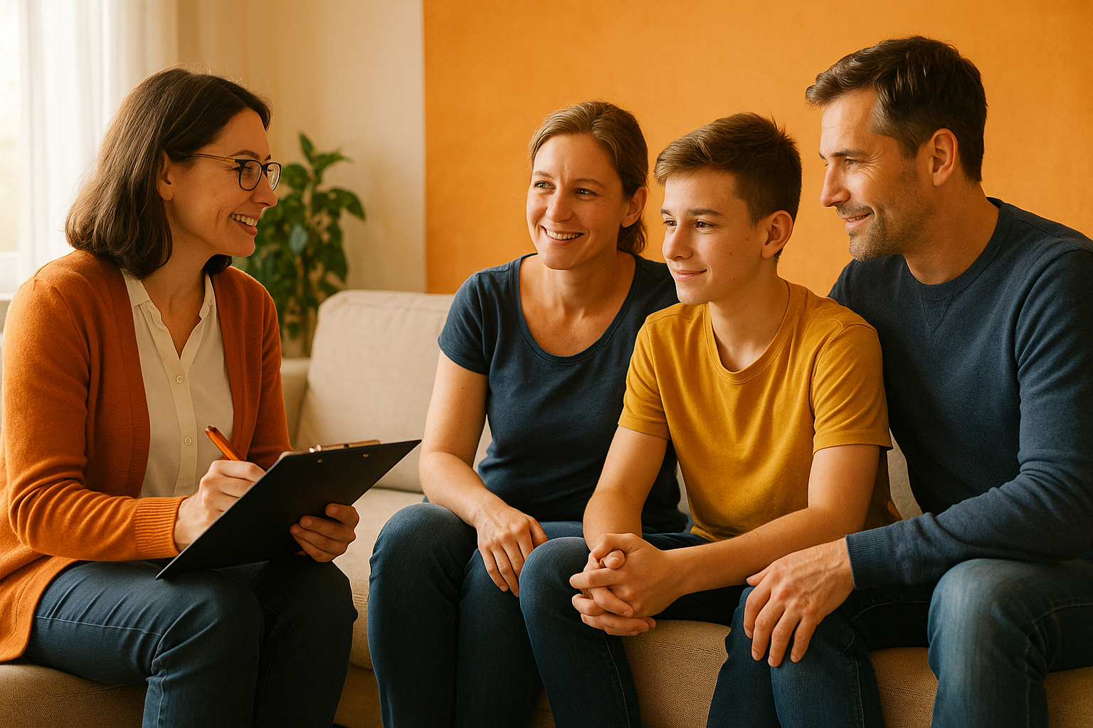 Fachkraft im Gespräch mit einer Familie auf dem Sofa