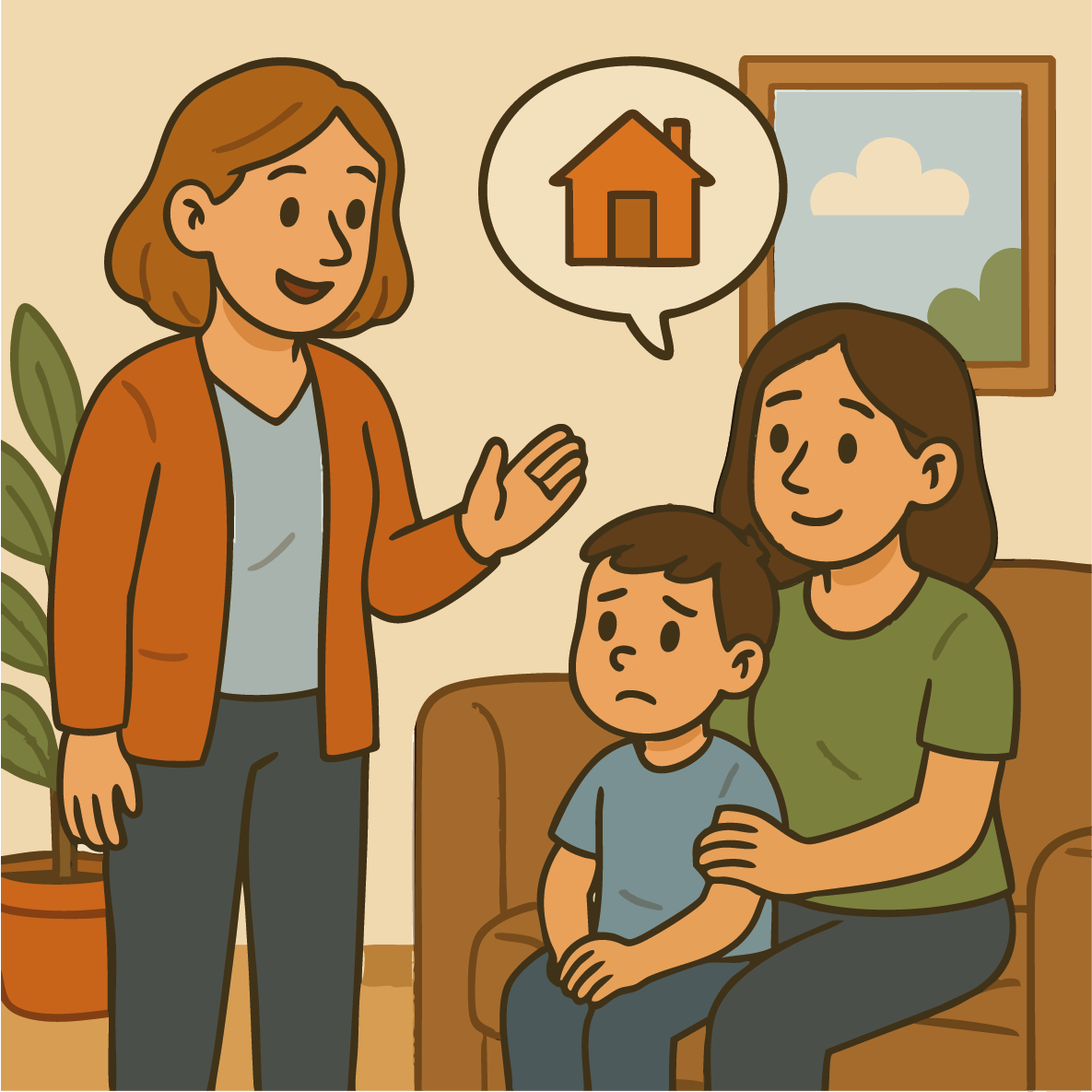 Pädagogische Fachkraft bei einem Hausbesuch im Wohnzimmer