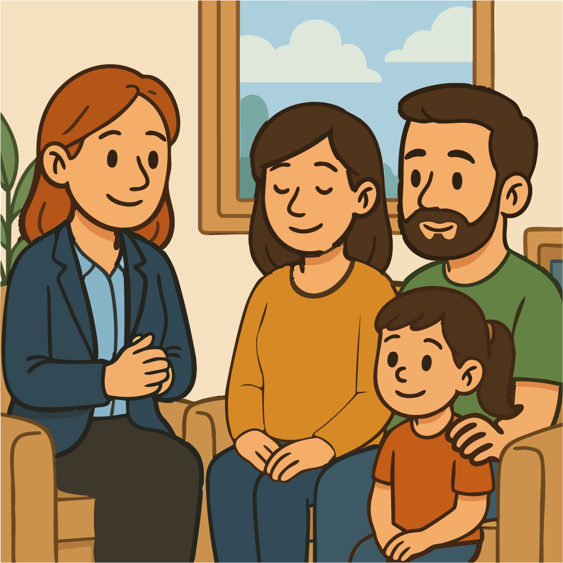 Fachkraft im Gespräch mit einer Familie mit Kind