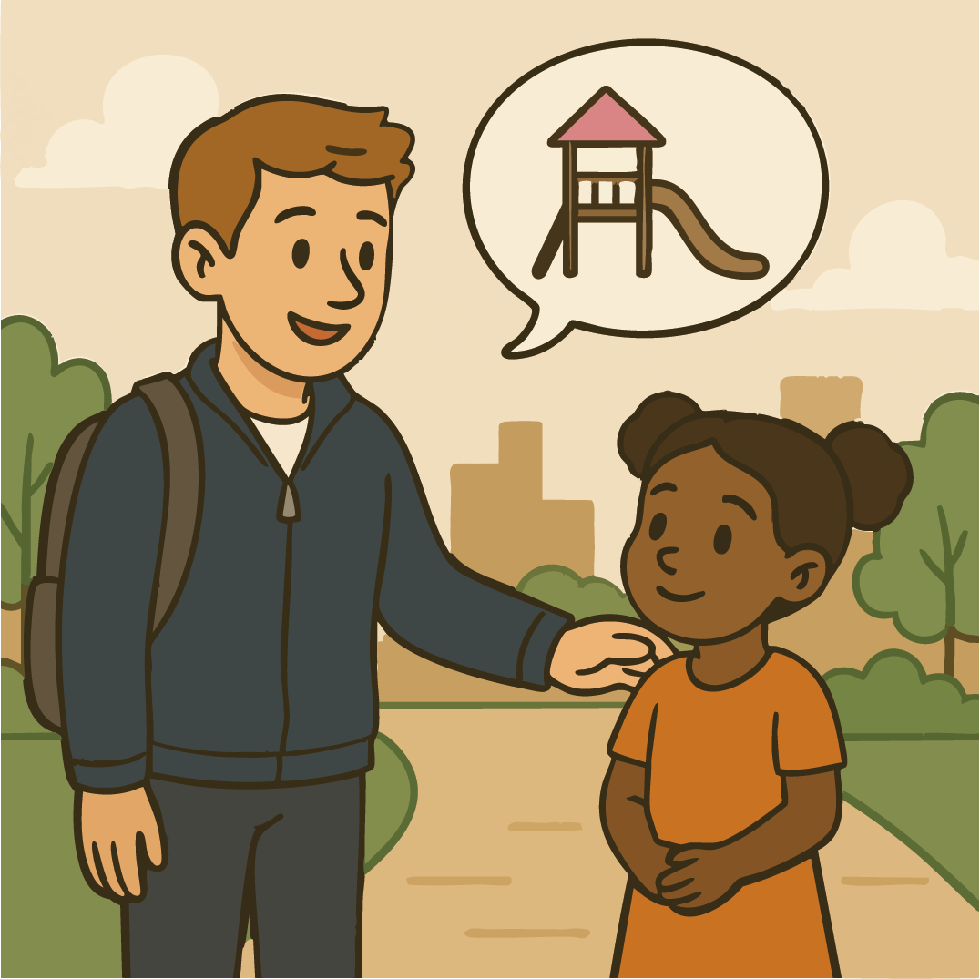 Fachkraft mit Kind im Freien im Gespräch