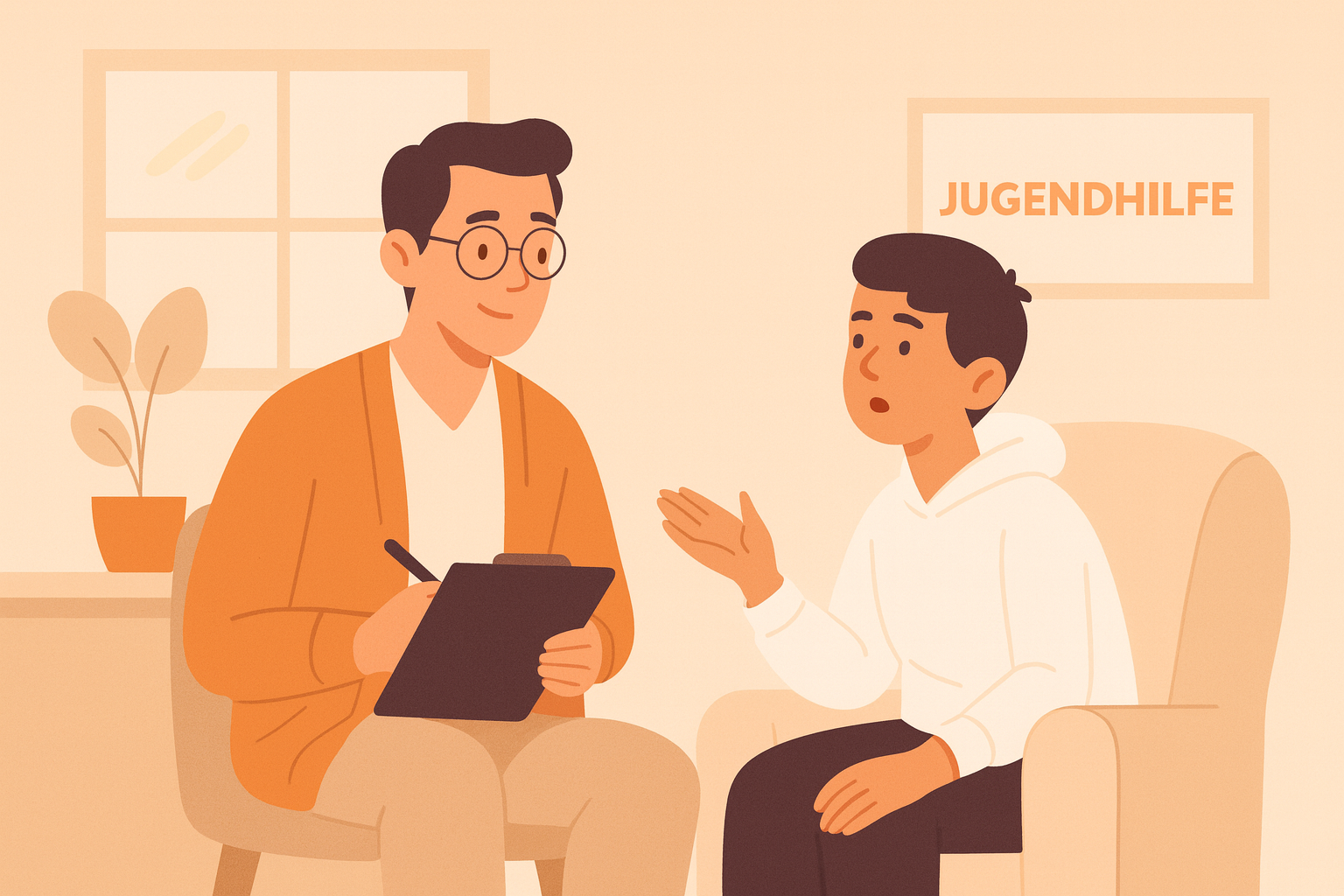 Fachkraft der JHB im Gespräch mit einem Jugendlichen in einem hellen Beratungsraum