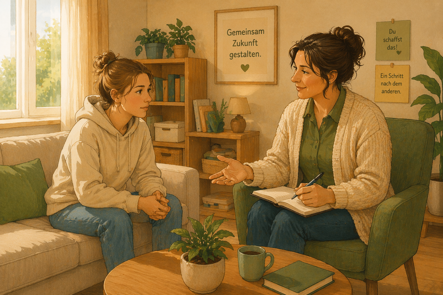 Fachkraft unterstützt einen jungen Volljährigen im Gespräch zur Förderung von Selbstständigkeit und Orientierung im Alltag