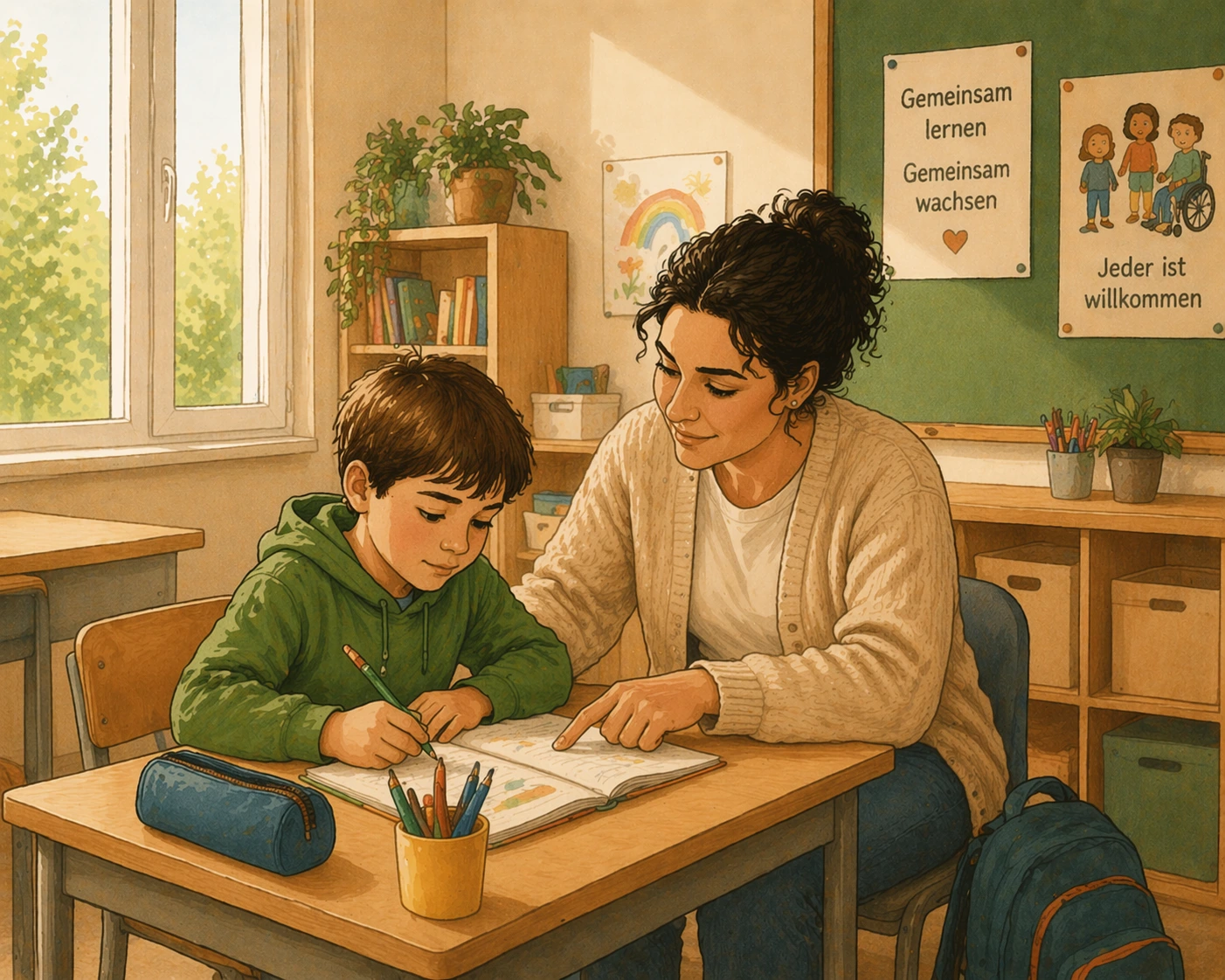 Schulbegleiter unterstützt ein Kind im Schulalltag im Rahmen der Kita- und Schulbegleitung