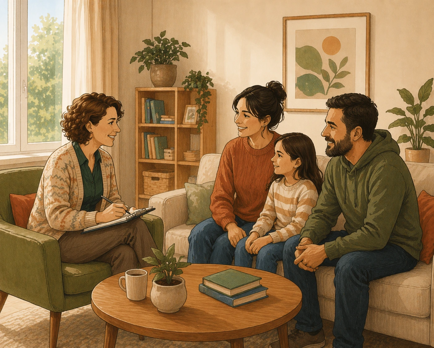 Fachkraft unterstützt eine Familie im häuslichen Umfeld im Rahmen der sozialpädagogischen Familienhilfe