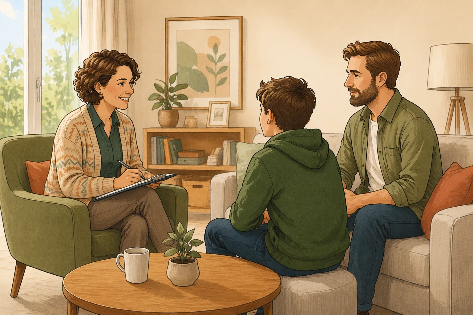 Fachkraft begleitet ein Gespräch zwischen Vater und Kind im Rahmen von begleitetem Umgang