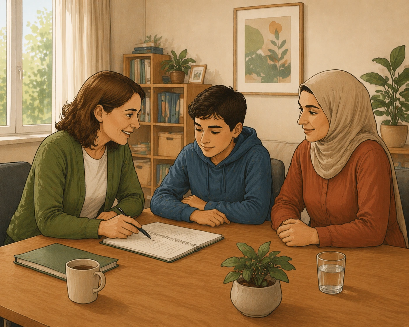 Fachkraft unterstützt einen Jugendlichen und seine Mutter im Gespräch im Rahmen der Erziehungsbeistandschaft