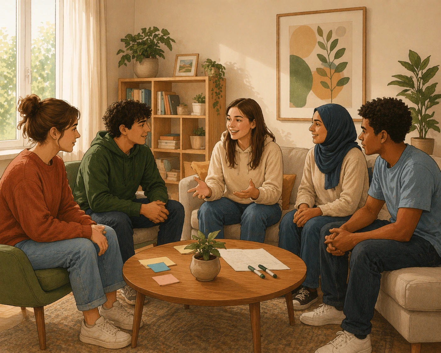 Fachkraft begleitet eine Gruppe von Jugendlichen bei gemeinsamer Aktivität im Rahmen sozialer Gruppenarbeit